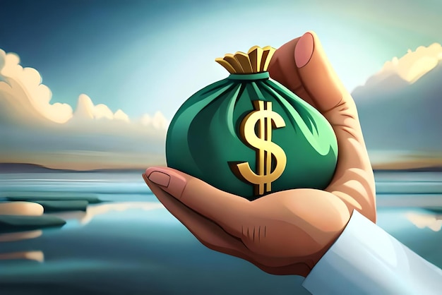 Illustrazione cartoon 3D Borsa per soldi tenuta in mano con il simbolo del dollaro su uno sfondo bianco