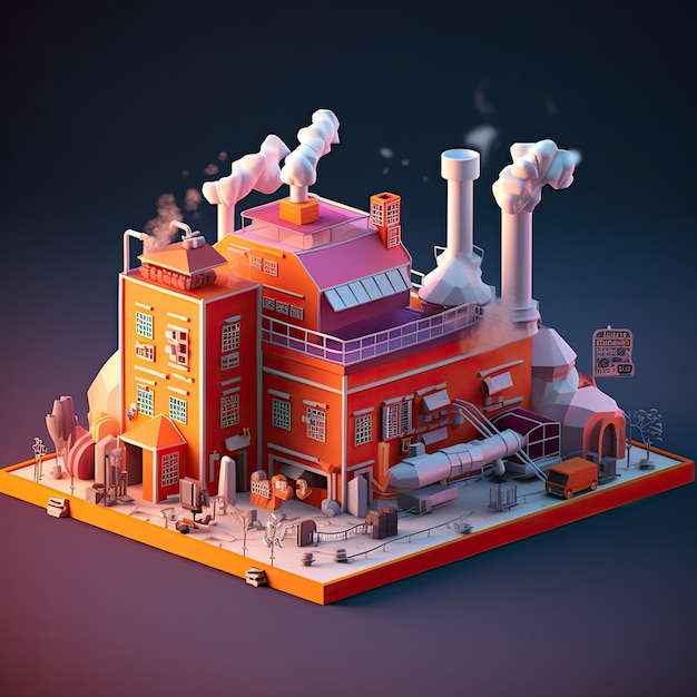 Illustrazione cartoon 3d di fabbrica IA generativa Costruzione di una fabbrica fumo di pipa