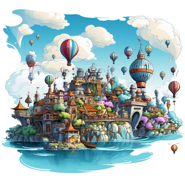 illustrazione cartoon di un castello fantasy circondato da palloncini che fluttuano nel cielo ai generativa