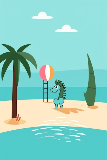 illustrazione cartoon di un cavalluccio marino su una spiaggia con un pallone da spiaggia e una scala ai generativa