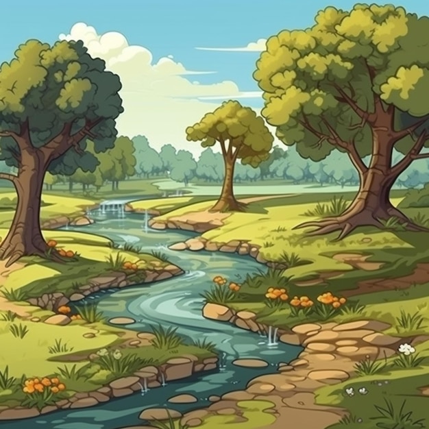 illustrazione cartoon di un fiume che scorre attraverso una foresta verde ai generativa