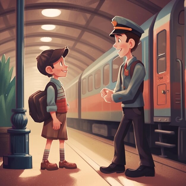 illustrazione cartoon di un ragazzo e una ragazza in piedi in una stazione ferroviaria ai generativa