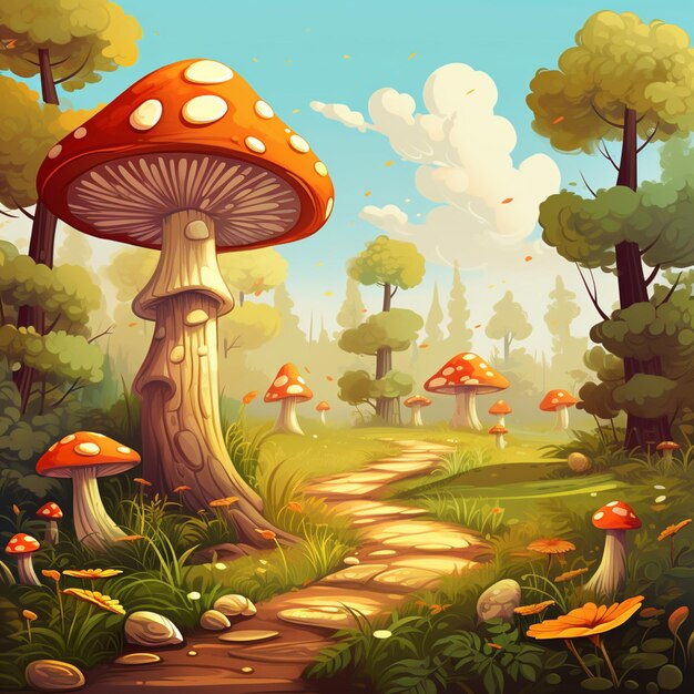 illustrazione cartoon di un sentiero in una foresta con funghi ai generativa