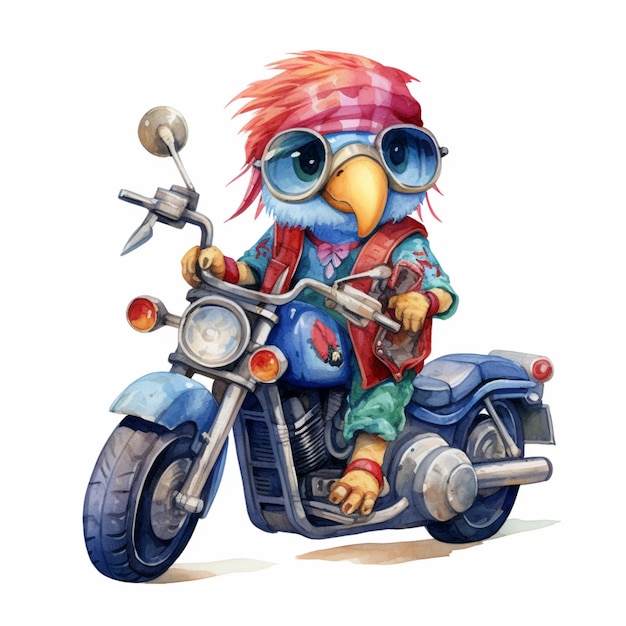 illustrazione cartoon di un uccello che indossa una bandana in sella a una motocicletta ai generativa