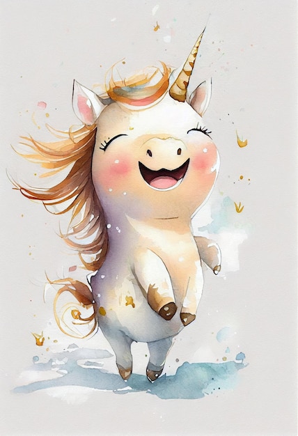 illustrazione cartoon di un unicorno con un corno dorato e una criniera rosa ai generativa