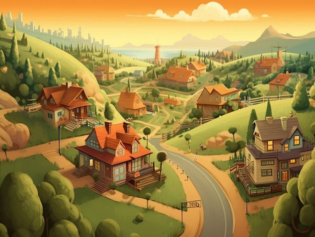 illustrazione cartoon di un villaggio rurale con una strada e case ai generative