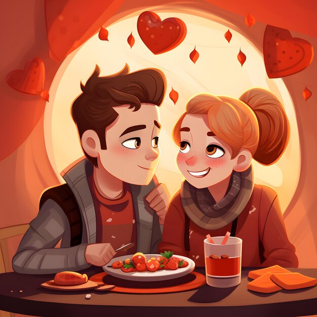 Illustrazione cartoon di una coppia innamorata che cena romantica al bar