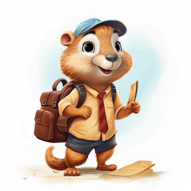 illustrazione cartoon di uno scoiattolo con uno zaino e un libro ai generativa