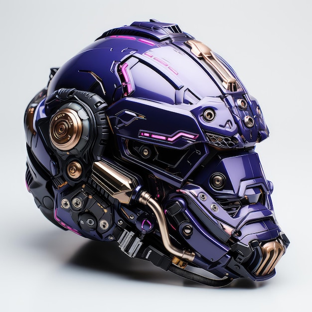 illustrazione casco blindato cyberpunk con colore viola blu in tempesta sintetica