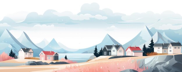 Illustrazione case tradizionalmente scandinave con la tipica natura norvegese Ai generativa