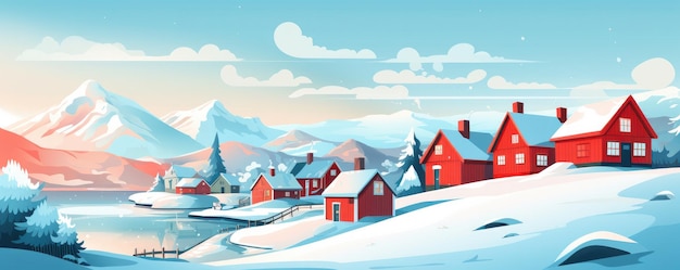 Illustrazione case tradizionalmente scandinave con la tipica natura norvegese Ai generativa