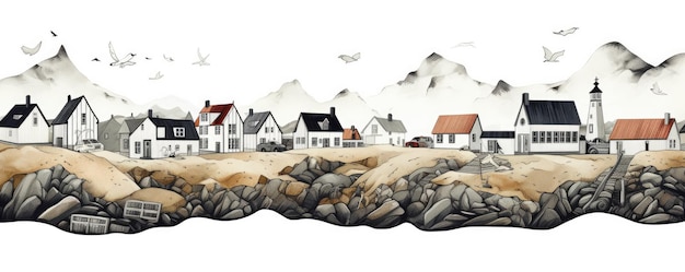 Illustrazione case tradizionalmente scandinave con la tipica natura norvegese Ai generativa