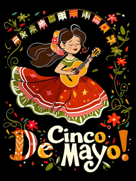 Illustrazione celebrativa del Cinco De Mayo con una donna che balla con la chitarra di notte
