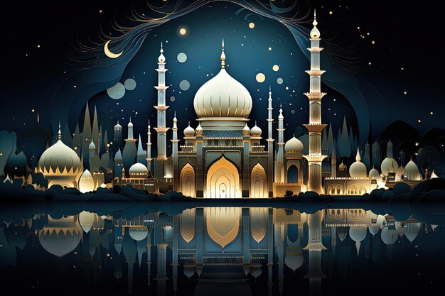 Illustrazione che cattura la bellezza di una moschea illuminata dalla luna durante l'Eid con dettagli e motivi islamici