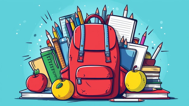 Illustrazione che mostra gli elementi essenziali per un anno scolastico di successo con uno zaino libri quaderni matite torna al concetto di scuola