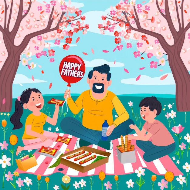 Illustrazione che mostra un gioioso picnic in famiglia con decorazioni giocose il giorno del padre in un parco fiorito