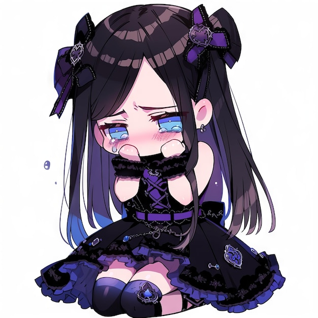 Illustrazione chibi espressiva di un anime di una ragazza gotica triste creata utilizzando l'AI generativa