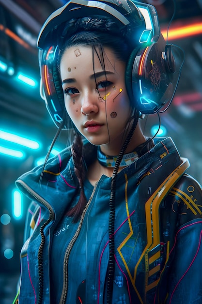 Illustrazione cibernetica dell'adolescente asiatico del ritratto futuro della ragazza cyberpunk