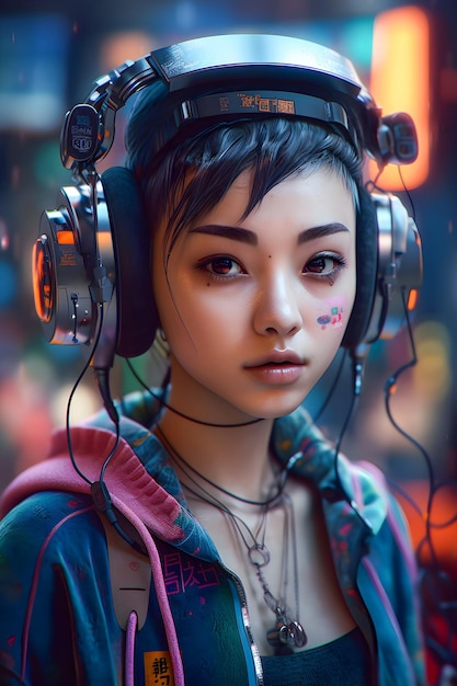 Illustrazione cibernetica dell'adolescente asiatico del ritratto futuro della ragazza cyberpunk