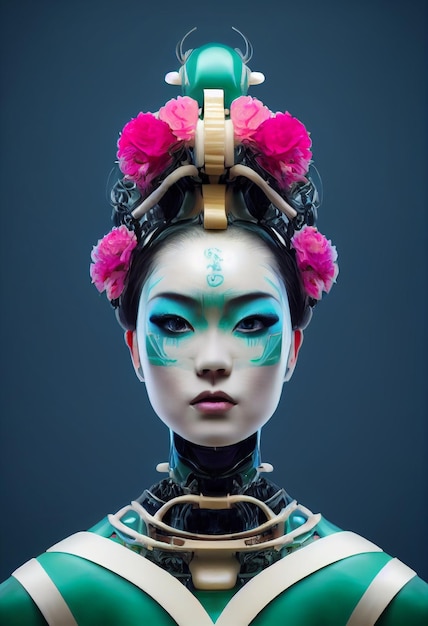 Illustrazione cinematografica di una donna geisha robot androide come personaggio cinematografico e fotorealistico realizzato con faccia di porcellana avorio AI Neural Network Computer Generated Art