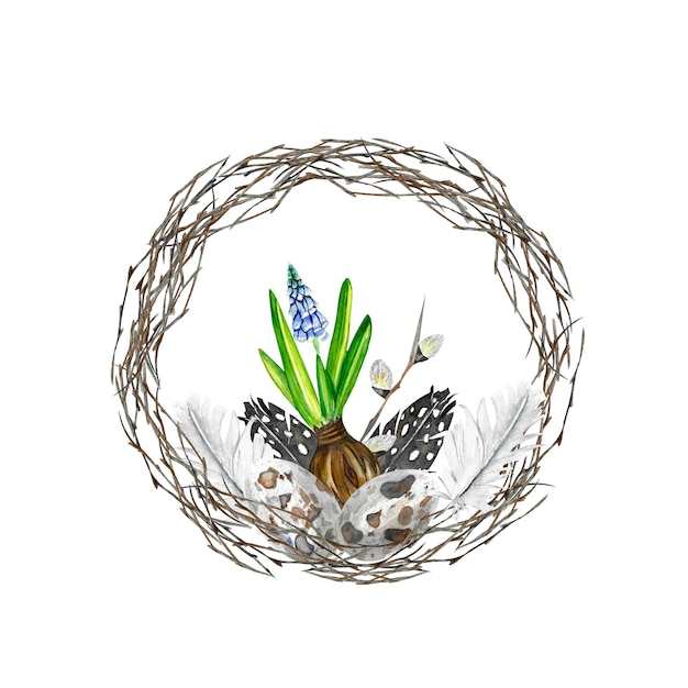 Illustrazione clipart dell'acquerello sveglio di Pasqua con il salice del nido della piuma della corona delle uova per le carte della decorazione