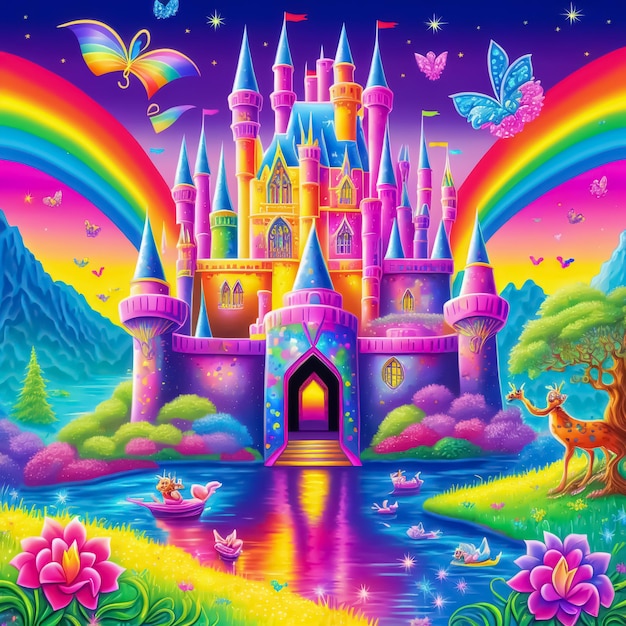 Illustrazione colorata del castello e bellissimo giardino magico