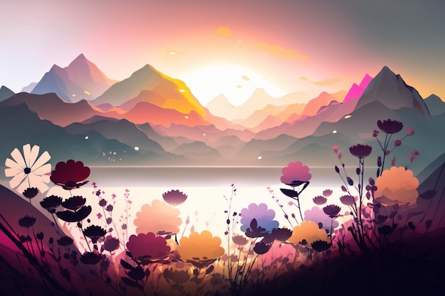 Illustrazione colorata del paesaggio primaverile con fiori che sbocciano e alba
