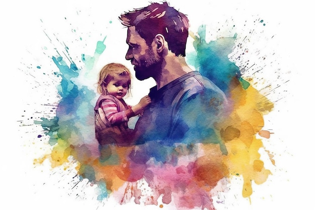 Illustrazione colorata della festa del papà del bambino che tiene la mano del padre con la tecnologia generativa dell'IA