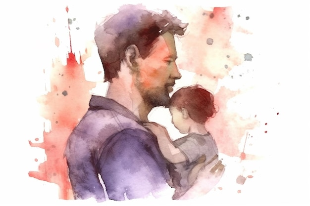 Illustrazione colorata della festa del papà del bambino che tiene la mano del padre con la tecnologia generativa dell'IA