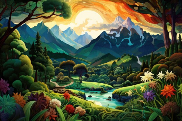 illustrazione colorata della natura con montagne e foreste colorate Generative ai