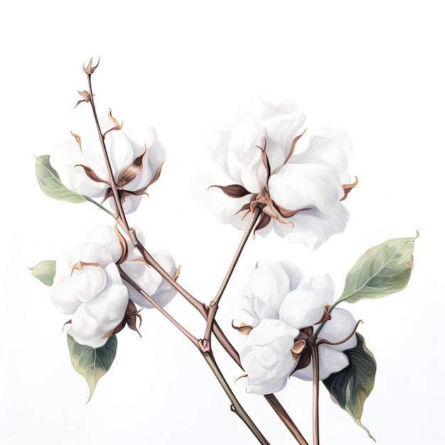Illustrazione colorata della pianta di cotone ad acquerello su sfondo bianco AI generativa