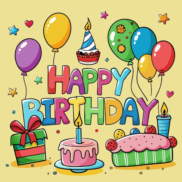 Illustrazione colorata di Happy Birthday Balloon Torta e regali