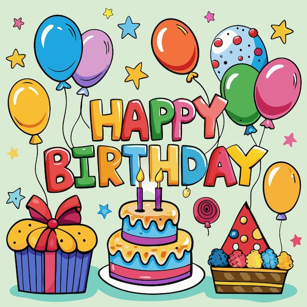 Illustrazione colorata di Happy Birthday Balloon Torta e regali
