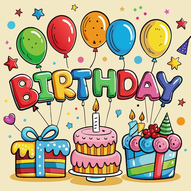 Illustrazione colorata di Happy Birthday Balloon Torta e regali