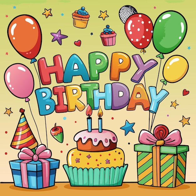 Illustrazione colorata di Happy Birthday Balloon Torta e regali