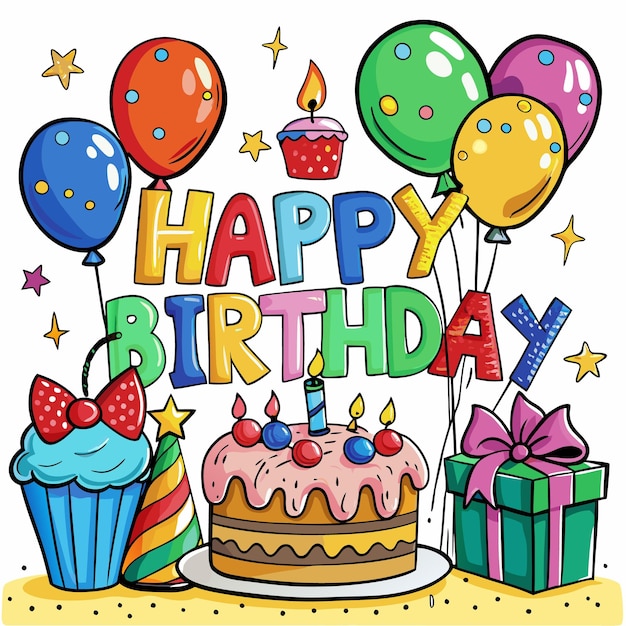 Illustrazione colorata di Happy Birthday Balloon Torta e regali