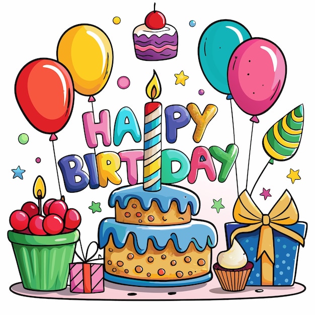 Illustrazione colorata di Happy Birthday Balloon Torta e regali