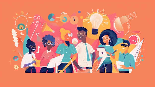 Illustrazione colorata di un team creativo con icone di brainstorming