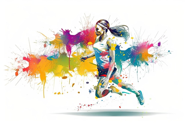 Illustrazione colorata di una giovane donna che corre con spruzzi colorati Esecuzione di atletica leggera sport donne splash colorato AI Generato