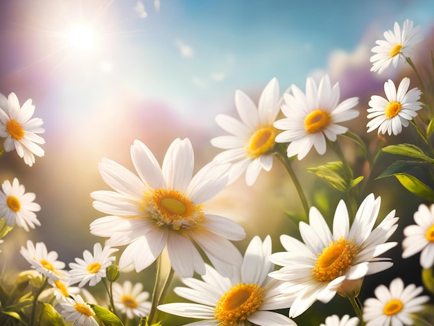 Illustrazione colorata fiore di margherita sotto la luce del sole del cielo blu