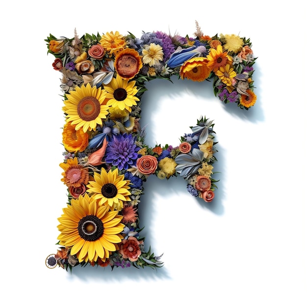 Illustrazione colorata floreale e girasole lettera F IA generativa