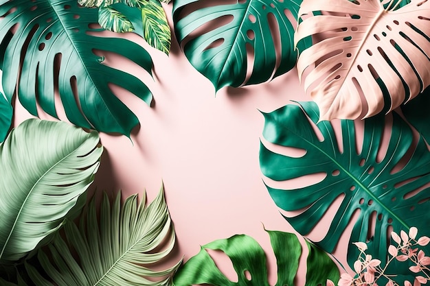 Illustrazione con foglie di monstera su sfondo rosa con spazio per il testo