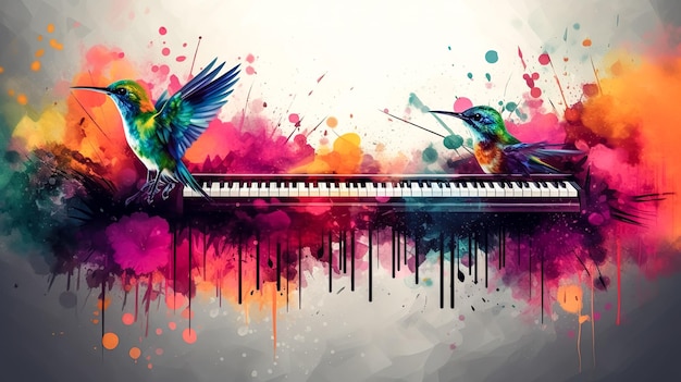 Illustrazione con i tasti del pianoforte e l'ai generativa dell'uccello dei colibrì