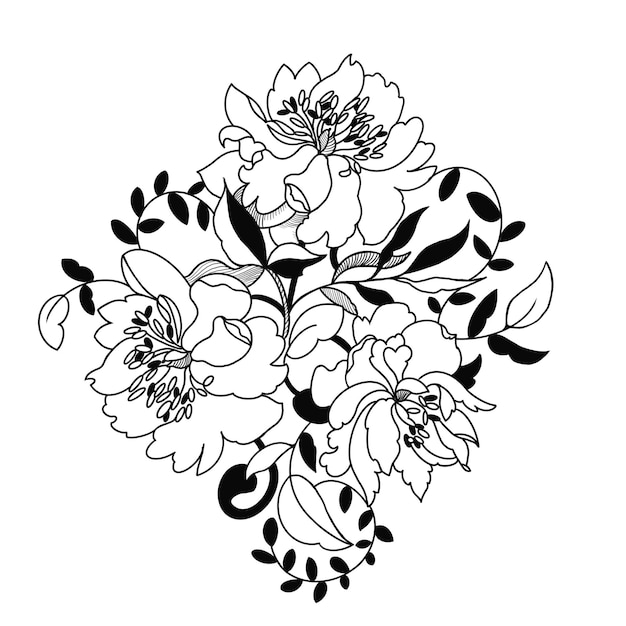 Illustrazione con peonie nere e foglie