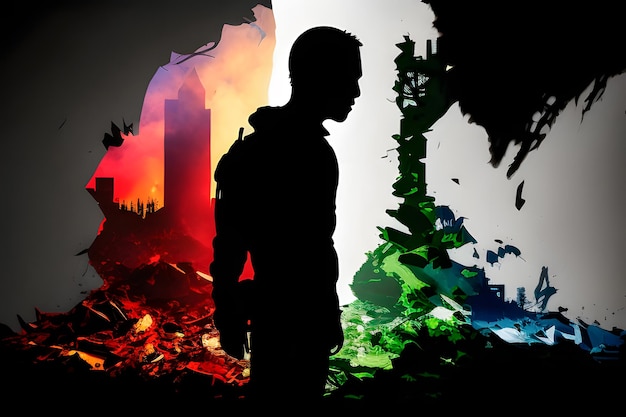 Illustrazione con persona e sfondo con città distrutta con nuvole rosse, verdi, nere e bianche