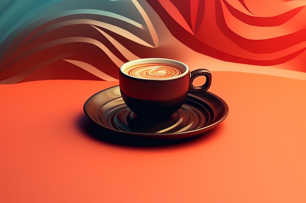 Illustrazione con tazza e chicchi di caffè su un tavolo e luce sfumata