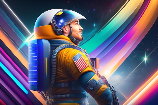 Illustrazione con un astronauta in abito su uno sfondo di grafica 3D colorata