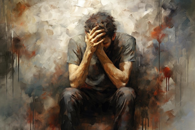 Illustrazione con un uomo con grande stress psicologico ansia e depressione IA generativa