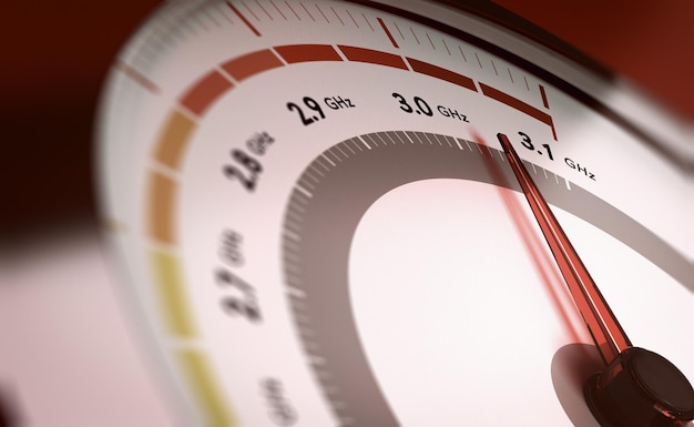 Illustrazione concettuale 3D di un indicatore con numeri fino a 3,1 GHz con l'ago rivolto verso l'immagine orizzontale massima. Concetto di overclocking del computer per aumentare la frequenza di clock.