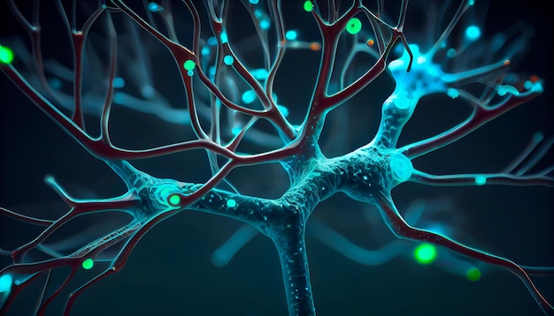 Illustrazione concettuale delle cellule neuronali con nodi di collegamento luminosi Blu verde Neuroni nel cervello con effetto focus Cellule sinapsi e neuroni che inviano segnali chimici elettrici IA generativa